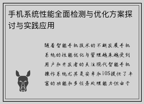手机系统性能全面检测与优化方案探讨与实践应用