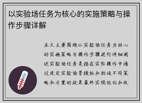 以实验场任务为核心的实施策略与操作步骤详解 以实验场任务为核心的实施策略与操作步骤详解